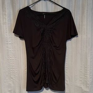 Maurices Black Short Sleeve V-Neck Top with Lace Detail